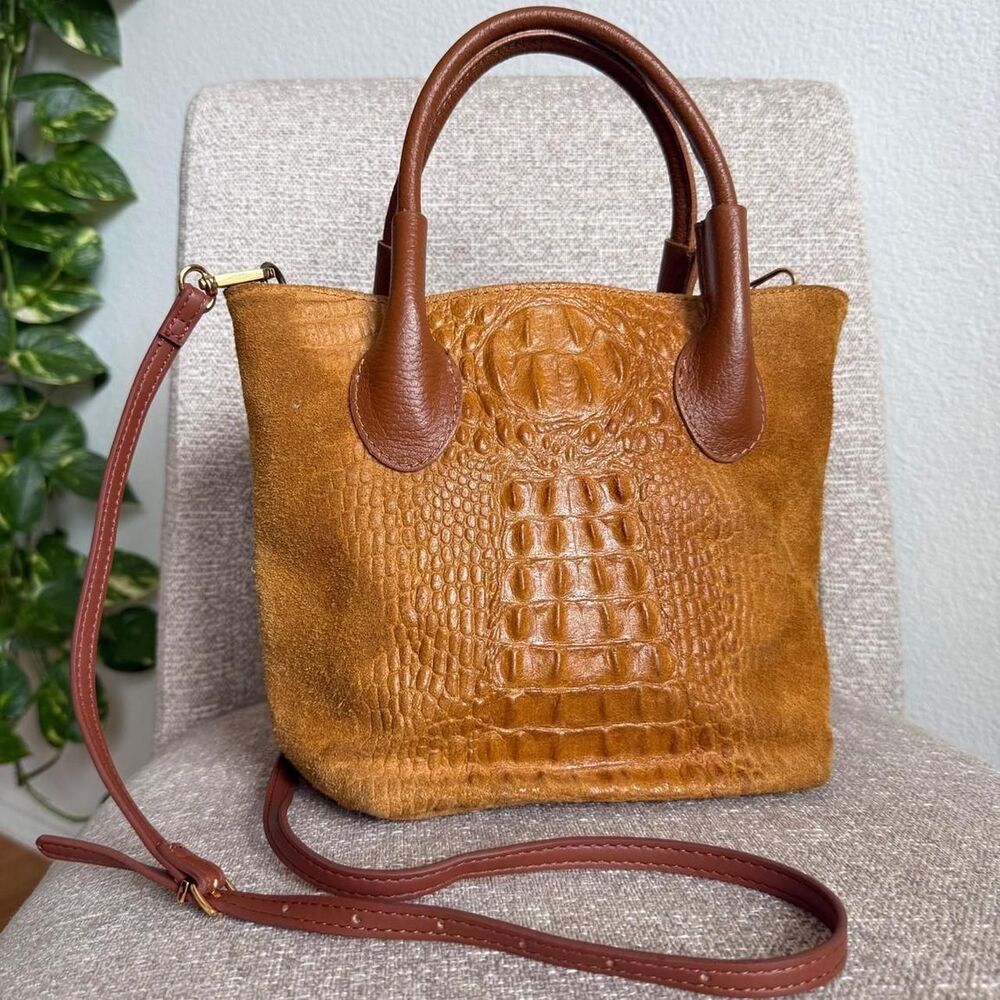 Borse in Pelle Italian Leather Croc Embossed Mini Tote Crossbody Bag Cognac